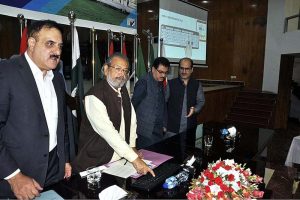 Caretaker Federal Minister for Education & Professional Training Madad Ali Sindhi press the button to announce result during Federal Board of Intermediate and Secondary Education (FBISE) Result Declaration ceremony of HSSC Part I & II, 1st Annual Exam 2023