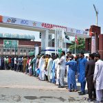 A large number of spectators standing in queue to enter the Multan Cricket Stadium for first cricket match of Asia Cup 2023 between Pakistan and Nepal