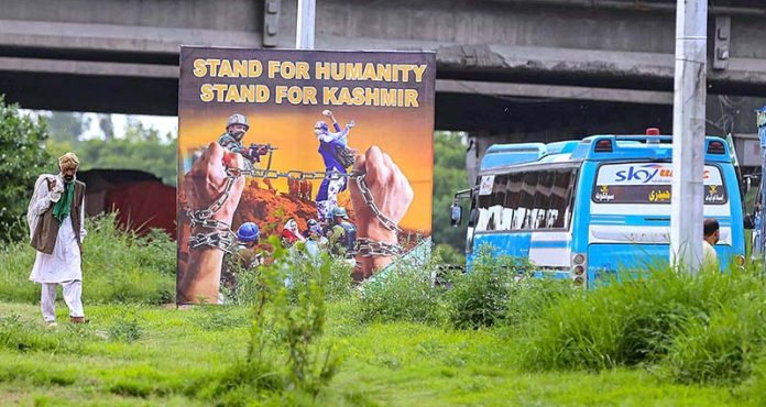 Posters displayed on bridges and billboards, urge people to mark the Youm-e-Istehsal (Exploitation Day), Jammu Kashmir falling on 5th August. The day marks the completion of four years since India's illegal action of revoking the special status of Indian Illegally Occupied Jammu Kashmir (IIOJK)