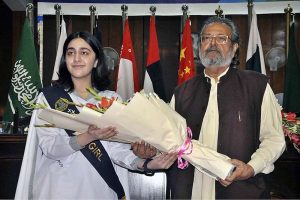 Caretaker Federal Minister for Education & Professional Training Madad Ali Sindhi press the button to announce result during Federal Board of Intermediate and Secondary Education (FBISE) Result Declaration ceremony of HSSC Part I & II, 1st Annual Exam 2023