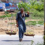 An elderly vendor selling fruits while shuttling on road in Federal Capital