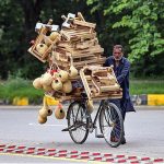 A vendor on the way along with his bicycle loaded with wooden base stand for refrigerator and birds nest in Federal Capital