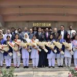Caretaker Federal Minister for Education & Professional Training Madad Ali Sindhi in a group photograph with position holder students during Federal Board of Intermediate and Secondary Education (FBISE) Result Declaration ceremony of HSSC Part I & II, 1st Annual Exam 2023