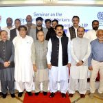 A group photo with Federal Minister for Overseas Pakistanis and Human Resource Development, Sajid Hussain Turi with participants during the seminar on "Rights of Domestic Workers and the Ratification of ILO Convention C-189" organized by Pakistan Workers Federation