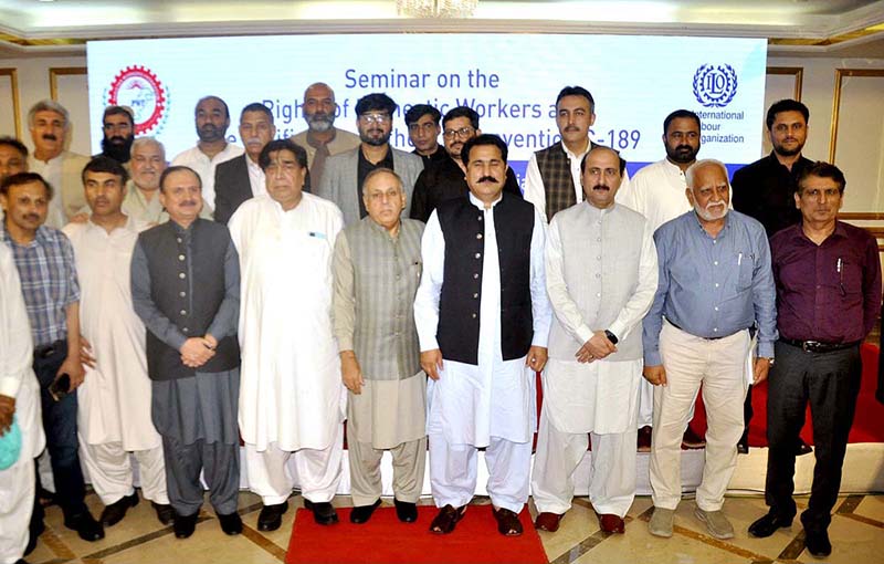 A group photo with Federal Minister for Overseas Pakistanis and Human Resource Development, Sajid Hussain Turi with participants during the seminar on "Rights of Domestic Workers and the Ratification of ILO Convention C-189" organized by Pakistan Workers Federation
