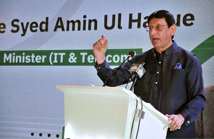 Federal Minister for IT and Telecommunication Syed Amin Ul Haque addressing at launching ceremony of Pakistan's First Communication APP “beep''