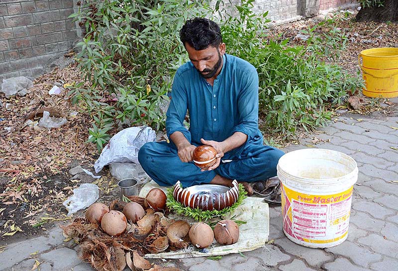 A vendor displaying pieces of the coconut for selling at a roadside setup