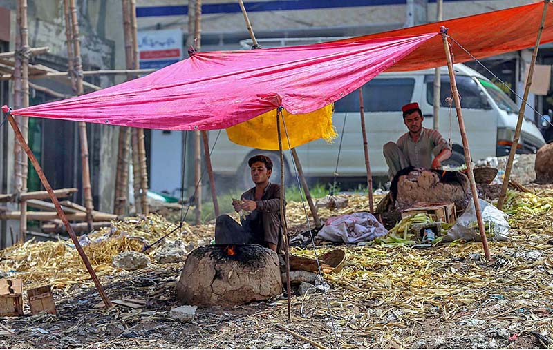 A vendor busy in roasting corn cobs at his setup at Pirwadhai