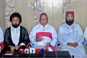 Bishop of the Catholic Church Yousaf Sohan addressing a press conference regarding Jaranwala incident at the press club