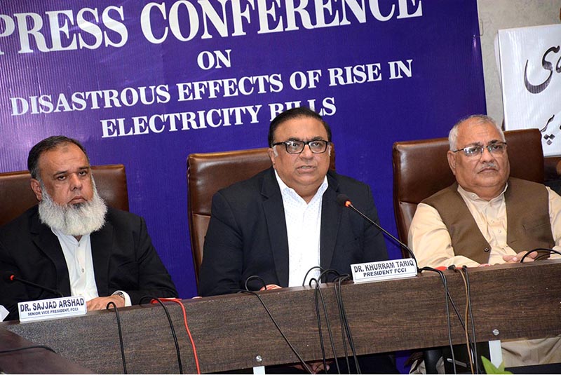 President Faisalabad Chamber of Commerce & Industry (FCCI) Dr. Khurram Tariq addressing a press conference at FCCI Complex