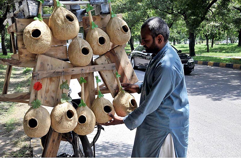A vendor displays man hand-made nests at his roadside setup