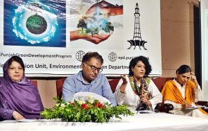 Punjab Green Development Program, Project Director Samia Saleem and Deputy Director Dr. Asim Rehman answering the questions of the audience in the public hearing held on the content of the 2023 Environmental Report of Punjab