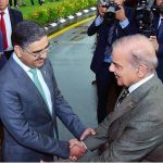 Caretaker Prime Minister Anwaar-ul-Haq Kakar bidding farewell to the outgoing Prime Minister Muhammad Shehbaz Sharif