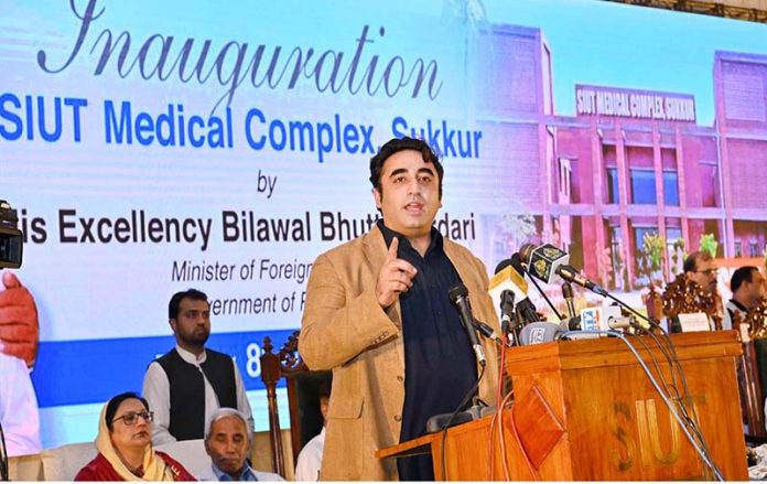 Chairman Pakistan People's Party and Foreign Minister Bilawal Bhutto Zardari addressing at the inaugural ceremony of Sindh Institute of Urology and Transplantation (SIUT) Medical Complex Sukkur