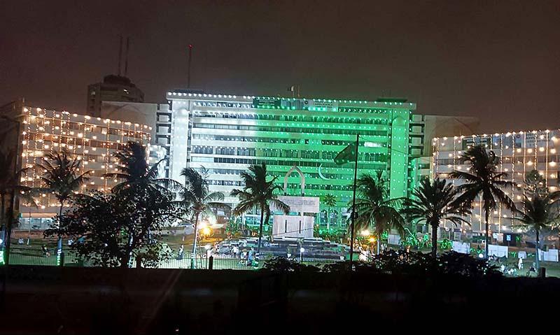 Civic Center building is beautifully illuminated with lights on the occasion of Independence Day of Pakistan