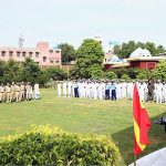 Deputy Commandant Pakistan Navy War College addressing the Officers and Sailors during flag hoisting ceremony held in connection with Independence Day celebrations