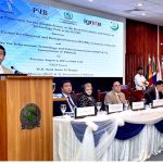 Federal Minister for IT and Telecommunication Syed Amin ul Haque addressing the the MOU Signing Ceremony for the Establishment of the Health Incubator and Science Technology Park at the ICCBS between Ministry IT and Telecommunication ICCBS University of Karachi
