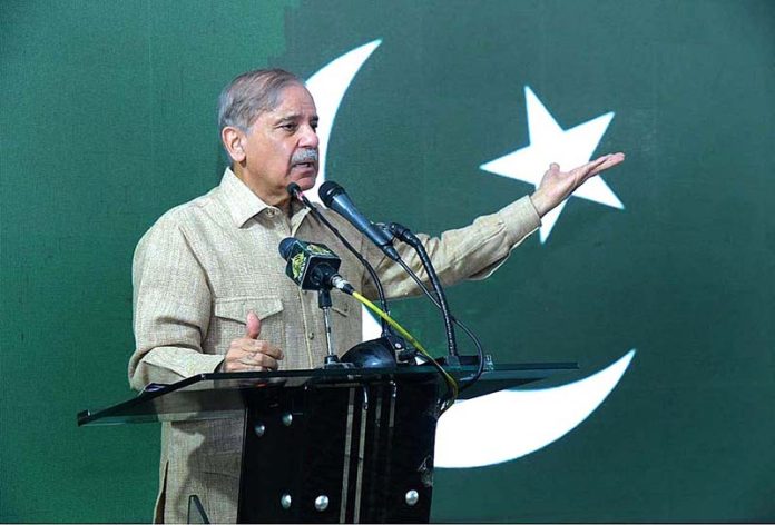 Prime Minister Muhammad Shehbaz Sharif addressing a ceremony to inaugurate Barakahu Bypass