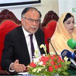 Federal Minister for Planning and Development and Special Initiatives Professor Ahsan Iqbal talking to the media persons at Gohar Town