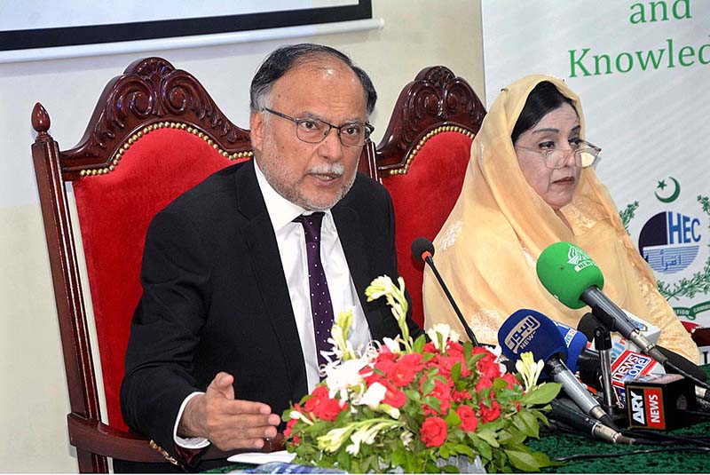 Federal Minister for Planning and Development and Special Initiatives Professor Ahsan Iqbal talking to the media persons at Gohar Town