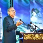 President Dr. Arif Alvi addressing the official flag hoisting ceremony on the 77th Independence Day of Pakistan