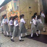 Students are going to school for the first day after summer vacations