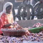 A woman sorting good quality onions at Vegetable Market to earn livelihood.
