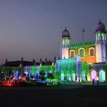 District Council building is decorated with the lights in celebration of Independence Day
