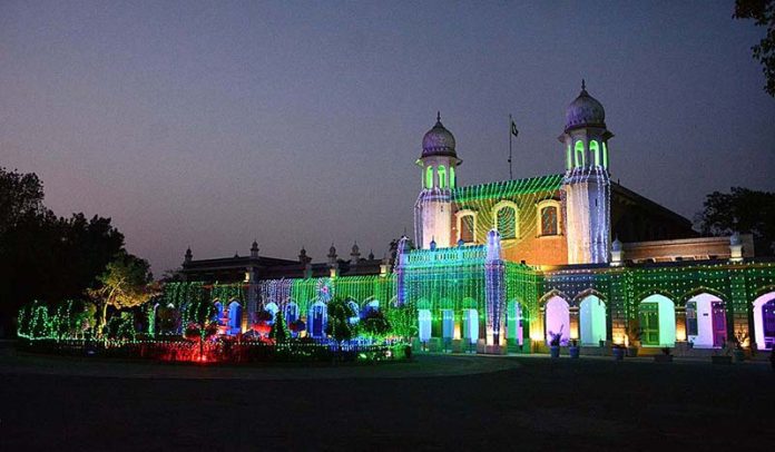 District Council building is decorated with the lights in celebration of Independence Day