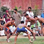 A view of kabaddi match played between Sargodha Green and Sargodha white kabaddi teams in connection with Independence Day organized by Sports Department at Company Bagh