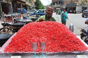 A handcart vendor displaying pomegranate to attract the customers at Court road