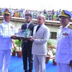 August 02 - Chief of Naval Staff Admiral Muhammad Amjad Khan Niazi presenting a model of a ship to Prime Minister Muhammad Shehbaz Sharif during the launching ceremony of PNS Tariq