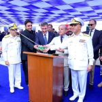 Prime Minister Muhammad Shehbaz Sharif, Türkiye's Vice President Cevdet Yilmaz and Chief of Naval Staff Admiral Muhammad Amjad Khan Niazi cutting a rope to launch Pakistan's 4th MILGEM Class Corvette"PNS Tariq" into sea at Karachi Shipyard & Engineering Works