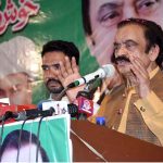 Federal Interior Minister Rana Sana Ullah Khan is addressing a public gathering during inaugural ceremony of Railway Phattak Karari Clan on Jhumra Road
