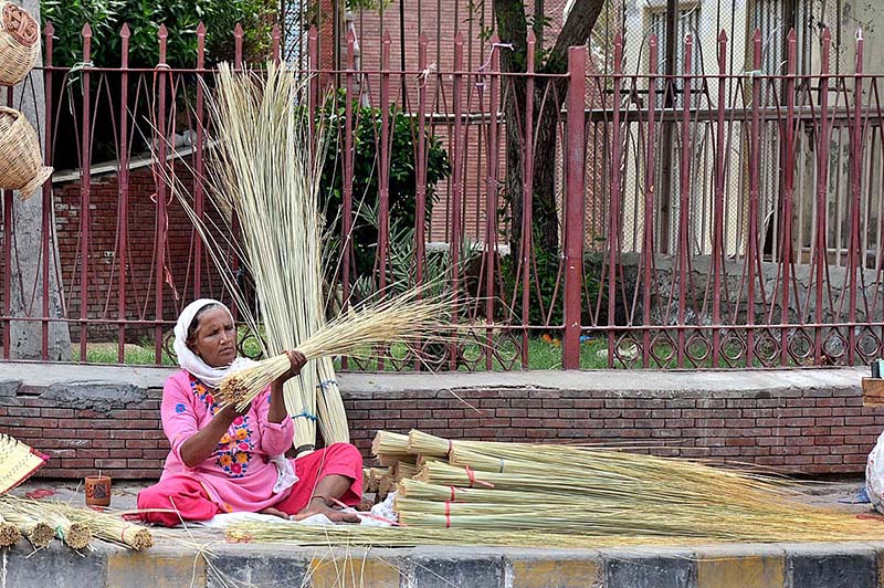 An elder woman busy preparing and displaying Brooms to attract customers at a roadside setup