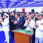 Prime Minister Muhammad Shehbaz Sharif, Türkiye's Vice President Cevdet Yilmaz and Chief of Naval Staff Admiral Muhammad Amjad Khan Niazi applaud after cutting a rope to launch Pakistan's 4th MILGEM Class Corvette"PNS Tariq" into sea at Karachi Shipyard & Engineering Works