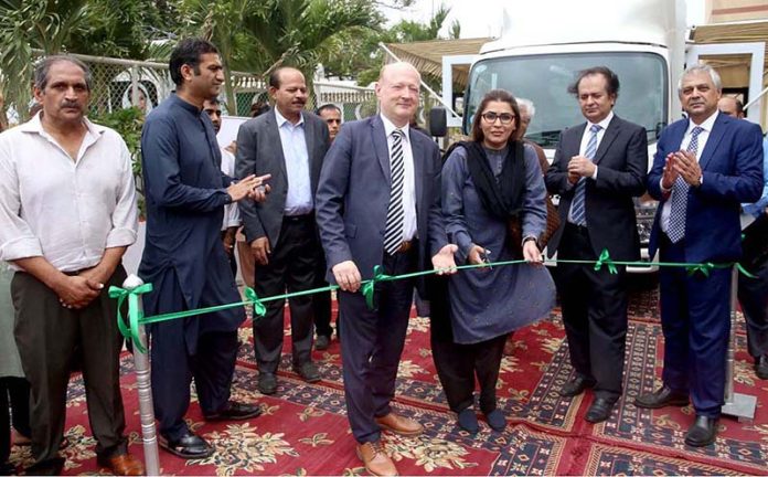 Ms. Shazia Marri Federal Minister for Poverty Alleviation and Social Safety and Chairperson Benazir Income Support Programme (BISP) cuts the ribbon at inauguration ceremony of 