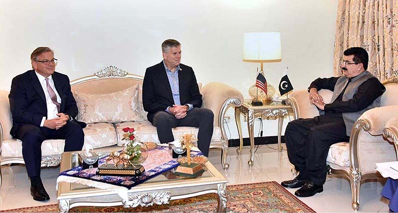 US Congressman Darlin Lahood accompanied by US Ambassador Donald Blome exchanging views with Chairman Senate, Muhammad Sadiq Sanjrani
