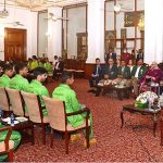 President Dr. Arif Alvi, accompanied by the Begum Samina Arif Alvi, speaking at an interactive session with Special Olympics Pakistan delegation World Summer Games Berlin 2023 at Governor House