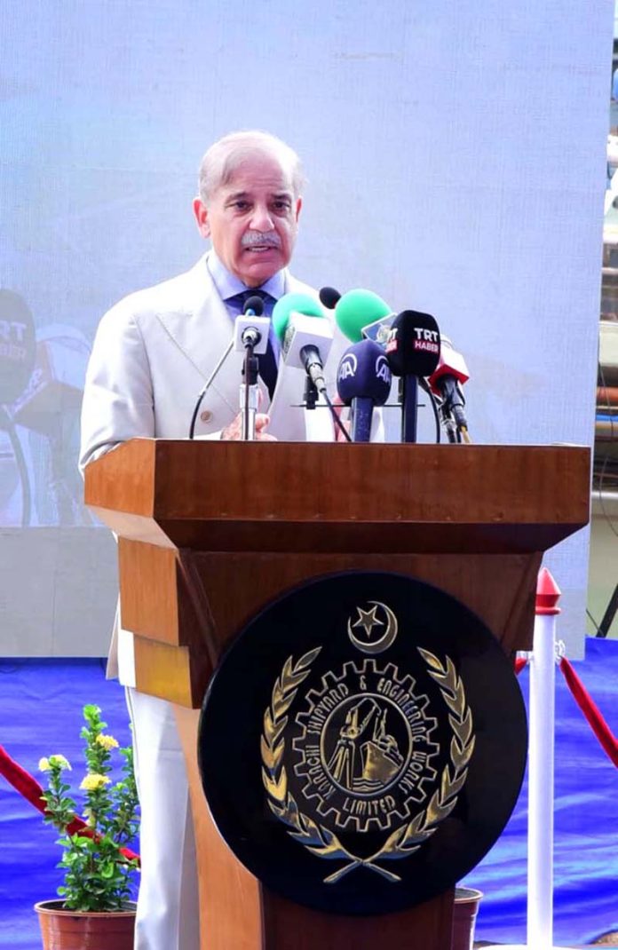Prime Minister Muhammad Shehbaz Sharif addressing the launching ceremony of PNS Tariq in Pakistan Naval Shipyard & Engineering Works