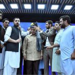 President of Pakistan Youth Parliament and Pakistan Youth Council presenting traditional Khyber Pakhtunkhwa turban to Prime Minister Muhammad Shehbaz Sharif at the launching ceremony of Prime Minister's Digital Youth Hub