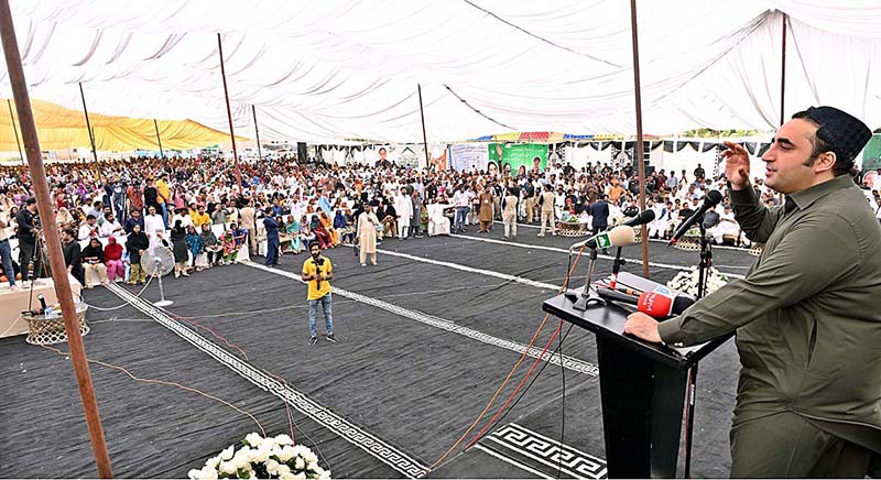 Chairman Pakistan People's Party and Foreign Minister Bilawal Bhutto Zardari addressing during distribution Ceremony of land ownership rights to flood affectees