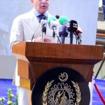 Prime Minister Muhammad Shehbaz Sharif addressing the launching ceremony of PNS Tariq in Pakistan Naval Shipyard & Engineering Works