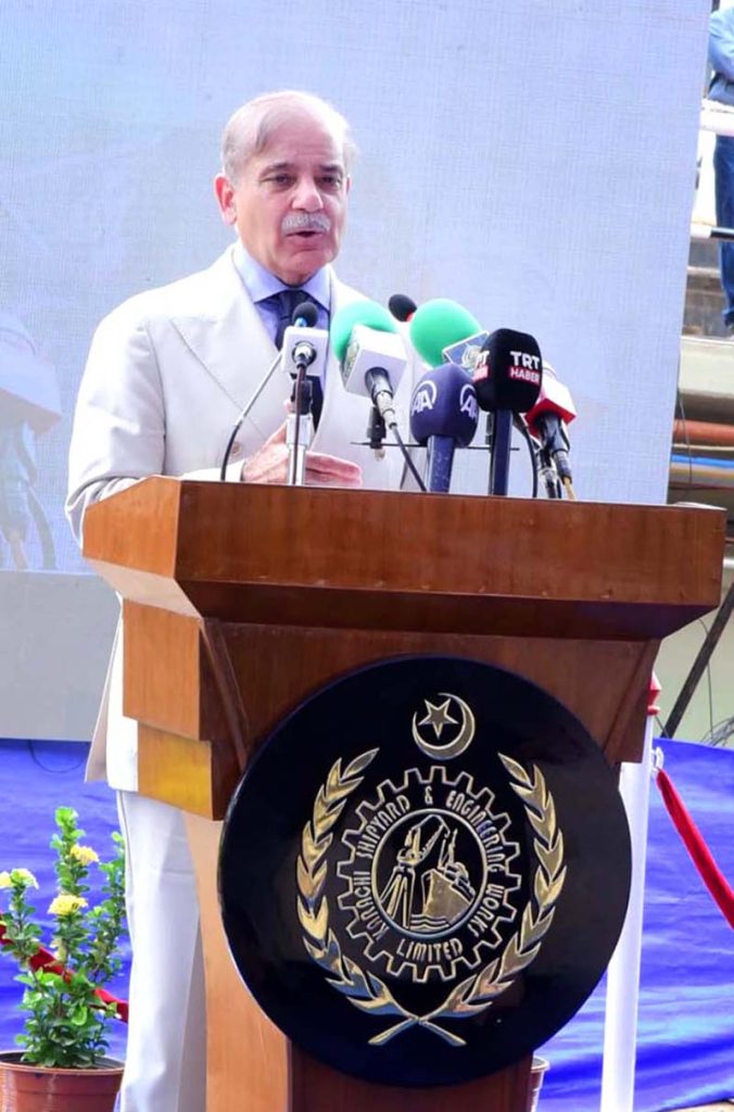 Prime Minister Muhammad Shehbaz Sharif addressing the launching ceremony of PNS Tariq in Pakistan Naval Shipyard & Engineering Works