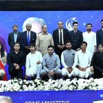 Prime Minister Muhammad Shehbaz Sharif in a group photograph with Members of Pakistan Youth Assembly at the launching ceremony of Prime Minister's Digital Youth Hub