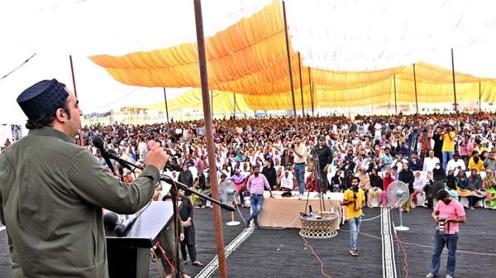 Chairman Pakistan People's Party and Foreign Minister Bilawal Bhutto Zardari addressing during distribution Ceremony of land ownership rights to flood affectees