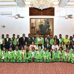 President Dr. Arif Alvi, and Begum Samina Arif Alvi, in a group photo with Special Olympics Pakistan delegation World Summer Games Berlin 2023 at Governor House