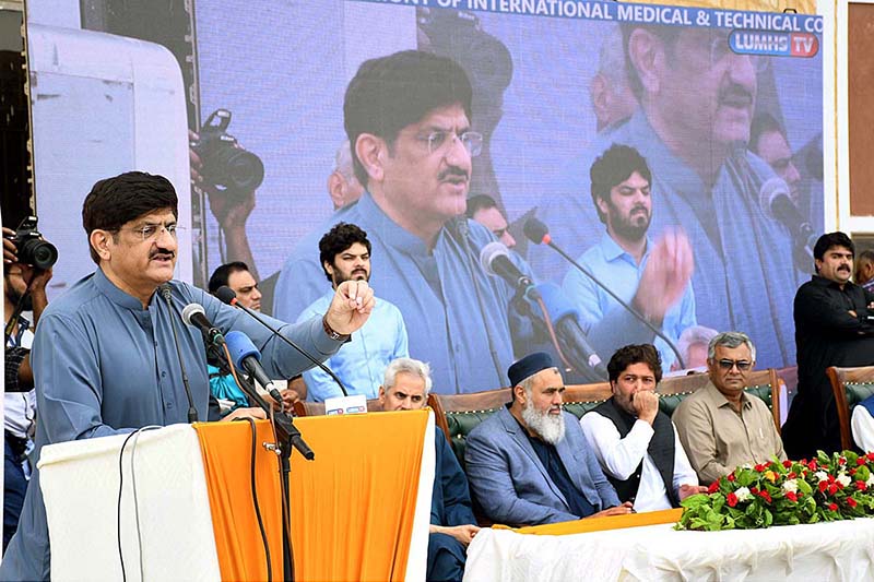 Chief Minister of Sindh syed Murad Ali Shah addressing during inauguration ceremony of International Medical and technical College LUMHS