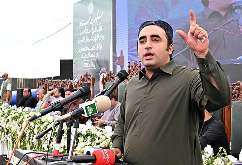 Chairman Pakistan People's Party and Foreign Minister Bilawal Bhutto Zardari addressing during distribution Ceremony of land ownership rights to flood affectees