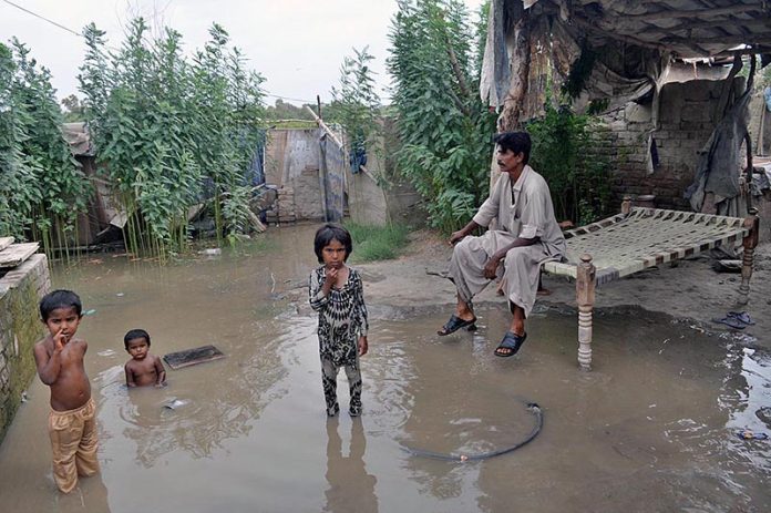 Flood water entered houses in kacha area at Saharash Nagar near Indus river